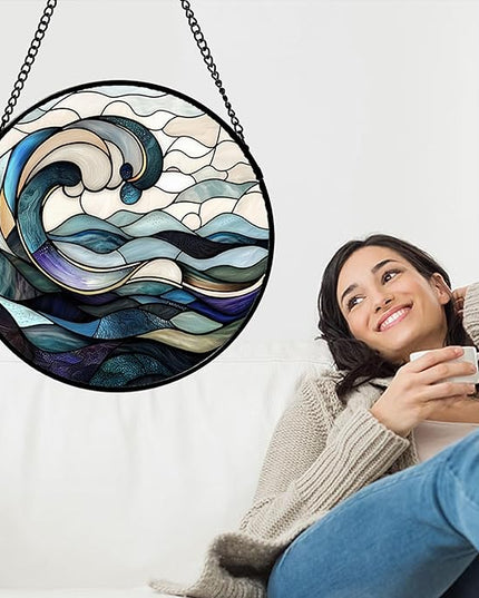 Stained Glass Window Hanging, Ocean Waves Sun Catchers Diamond Glass Panel Hangings Abstract Suncatcher Decor for Birthday for Women, Men, Wife, Aunt, and Mom 14.9x14.9 in