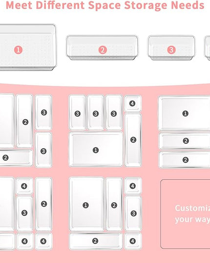 15 PCS Clear Plastic Drawer Organizer Set, 4 Sizes Versatile Bathroom Drawer Organization and Storage Trays, Non-Slip Desk Vanity Storage Bins for Makeup Jewelry Kitchen Utensil Gadget Office
