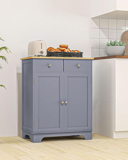 HOMCOM Sideboard with Solid Wood Countertop, Modern Kitchen Storage Cabinet, Coffee Bar Cabinet with 2 Drawers, Doors and Adjustable Shelf, Gray