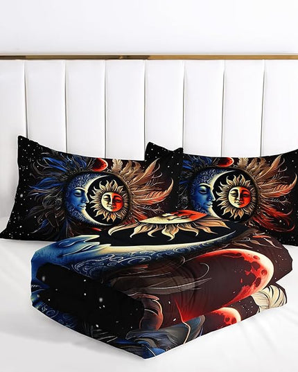 AILONEN Sun and Moon Comforter Set Queen Size, Blue and Red Feather Sun and Moon Bedding Set for Room Decor,Black Sky Starry Print Comforter with 2 Pillowcases,3 Pieces
