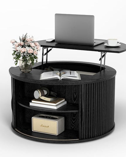 Round Coffee Table with Storage, 31.5" Drum Coffee Table with Lifting Top, Small Fluted Accent Center Table for Living Room, Black