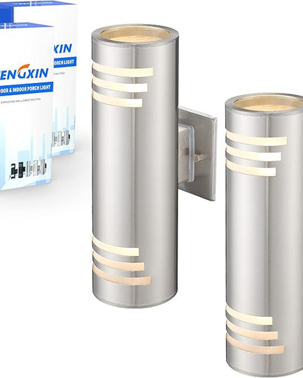 TENGXIN 2 Pack Outdoor Wall Light,Up Down Modern Outdoor Wall Sconce with Stainless Steel Cylinder,Brushed Nickel Exterior Lighting Fixtures