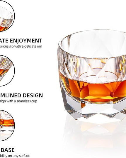 KAMMAK Crystal Whiskey Glasses Set of 2, 7.1oz Old Fashioned Glasses Stemless, Hand Blown White Cocktail Glasses, Luxury Handcrafted Cut Ice Ball Cup for Women, Perfect Men Gift for Bourbon