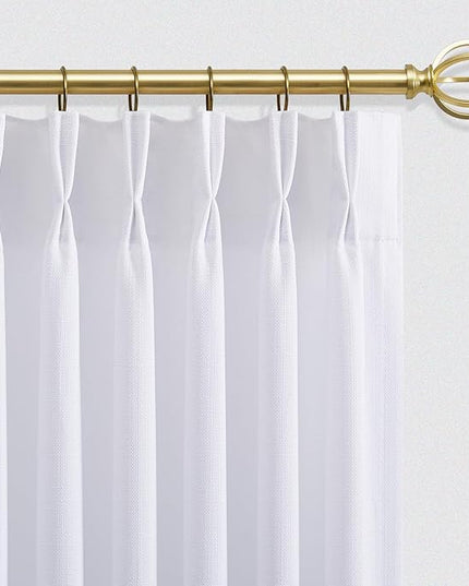 White Pinch Pleated Linen Curtains 63 Inch Length for Kitchen Small Windows, Light Filtering Pleat Privacy Short Curtain Back Tab 2 Panels Off White Memory Trained Bedroom Drapes 40" x 63"