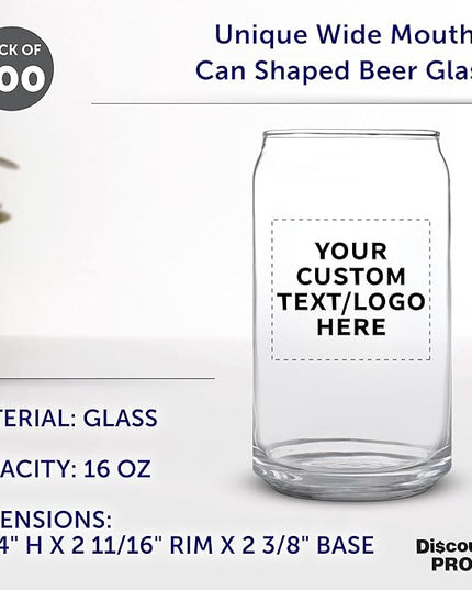 Custom Beer Can Glasses Set of 100, 16 oz. Pint Sized, Promotional Text, Logo, Soda Can Shape, Glassware, Clear