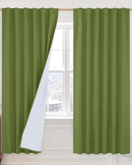 LAMIT 100% Blackout Linen Curtains for Living Room, 72 Inches Linen Textured Thermal Bedroom Drapes Back Tab and Rod Pocket Christmas Panels with White Liner, 2 Panels, 52 x 72 Inch, Olive Green