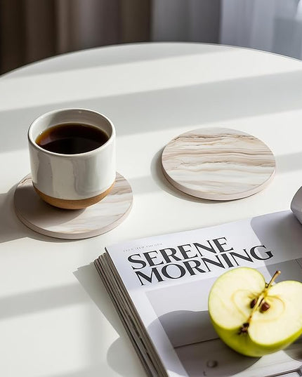 VEYRO Coasters Set of 6 for Drinks – Absorbent Ceramic Stone Drink Coasters with Cork Backing for Coffee Table & Desk, Modern Marble Look Cup Coaster Set, Housewarming Gift for New Home