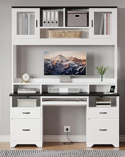 Bestier 77.8" H Executive Desk with Hutch, Modern Wood Computer Desk with Drawers, Charging Station, LED Light, Fluted Storage Cabinet, Keyboard Tray, 59" W Office Desk for Home Office, White