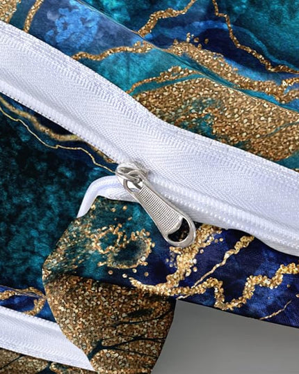 Royal Blue Marble Duvet Cover Set Queen Size Sequin Gold Bedding Comforter Covers with 2 Pillow Shams Breathable Durable Soft Comfy