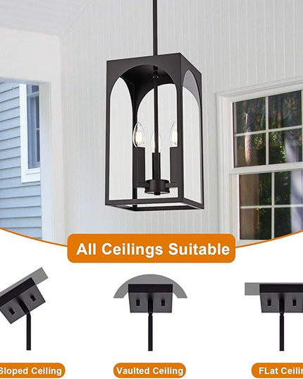 VINLUZ Modern Oil Rubbed Bronze Chandelier 3 Light Dining Room Light Fixture with Clear Glass Shade Industrial Outdoor Pendant Lights for Entryway Hallway Porch