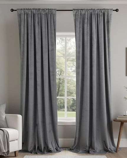 KOUFALL Grey Velvet Moody Blackout Curtains for Bedroom,Luxury Dark Charcoal Gray Black Out Curtain 96 Inches Long 2 Panels Set Back Tab Pleated Drapes for Living Room
