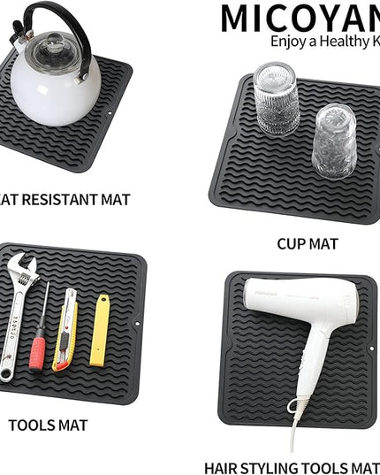Silicone Dish Drying Mat for Multiple Usage,Easy clean,Eco-friendly,Heat-resistant Silicone Mat for Kitchen Counter or Sink,Refrigerator or Drawer liner Black M 12 inches x 12 inches