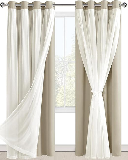 Hiasan Blackout Curtains with Sheer Overlay 84 Inches Long, Thermal Insulated Mix & Match Double Layer Window Curtains for Bedroom, Living Room, Nursery, 2 Panels Sewn with Tiebacks, Taupe, 52W X 84L