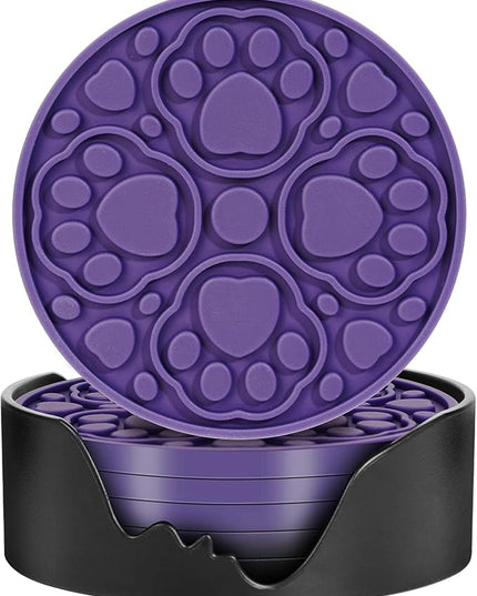6 Pack Purple Silicone Coffee Coasters with Holder, 4 Inches Non-Slip Decorative Round Coaster for Tabletop, Desk Dishwasher Safe Cup Mat for Bar, Drinks, Beer