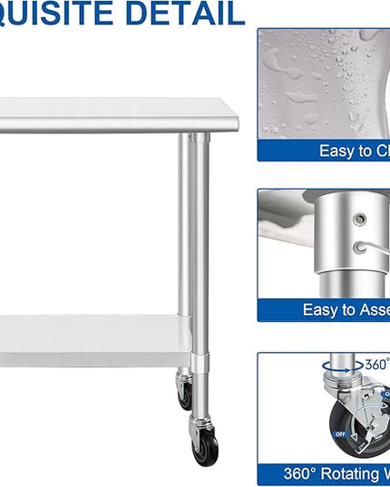 HARDURA Stainless Steel Commercial Table Prep & Work Table with Casters Heavy Duty Metal Table with Wheels NSF 430 18×36 Inches