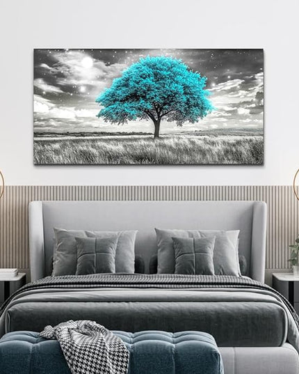 KELIYUAN Large Canvas Wall Art For Living Room Wall Decor For Bedroom Corridor Blue Tree Natural Scenery Full Of Stars Black And White Modern Printing Dining Room Kitchen Home Decoration 30 "X 60"