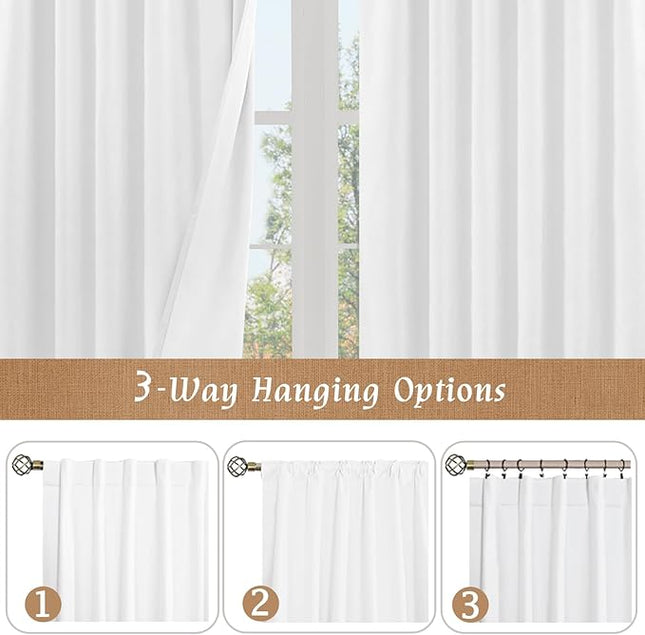 LAMIT 100% Black Out Curtains for Living Room, 90 Inches Linen Textured Thermal Insulated Bedroom Curtains Back Tab and Rod Pocket Farmhouse Panels with White Liner, 2 Panels, 52 x 90 Inch, White