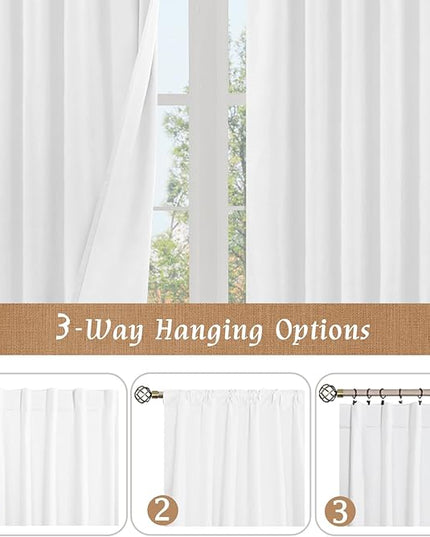LAMIT White 100% Blackout Linen Curtains, 63 Inches Linen Textured Thermal Bedroom Curtains Back Tab and Rod Pocket Neutral Panels with White Liner for Short Windows, 2 Panels, 38 x 63 Inch