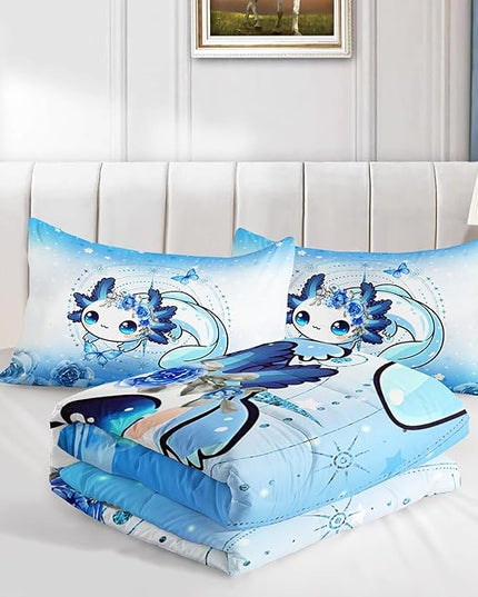 Cartoon Axolotl Bed Comforter & Bedding Set, Queen Size, Blue with Butterfly & Flowers Pattern, Includes 2 Pillowcases