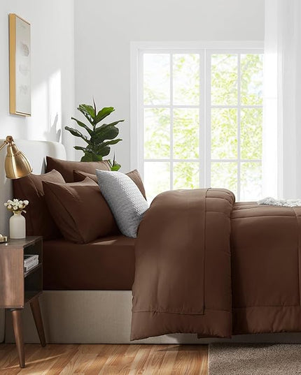 CozyLux King Size Comforter Set Brown, 7 Pieces Bed in a Bag, Brown Comforter King Size, All Season Bedding Sets with Stitch Quilted Comforter, Flat Sheet, Fitted Sheet, Pillowcases