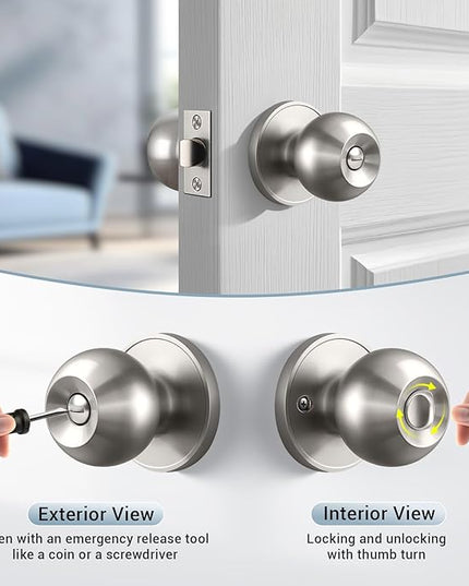KNOBWELL Brushed Nickel Door Knob for Bedroom Bathroom, Interior Door Knobs with Round Ball Knob, Keyless Privacy Door Knob with Lock, Indoor Door Handle, 8 Pack
