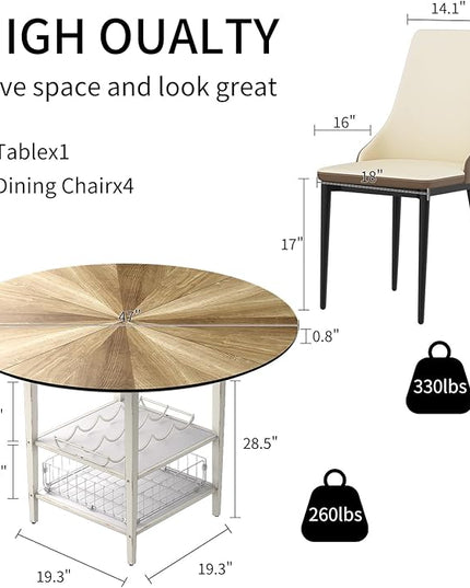 VFK 47 Inch Round Dining Table Set for 4-6 People, Large Farmhouse Kitchen Dining Table Set with Chairs and Storage Rack, Metal Base Round Table for Home Dining Room Living Room