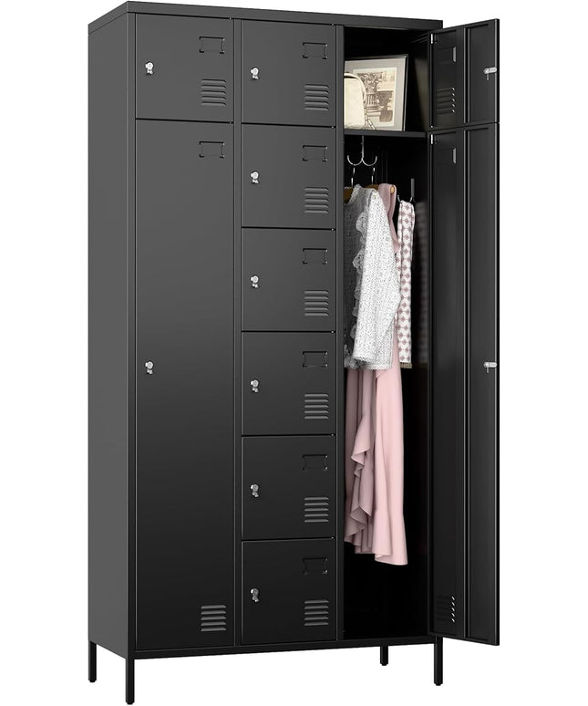 Aobabo Metal Storage Locker for empolyees, 10 Doors Metal Lockers with Hooks, for School, Home Office, Garage, Assembly Required, Black