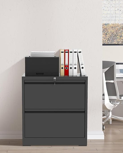 2 Drawer File Cabinet with Lock, Black Metal Lateral Filing Cabinets for Home Office, Heavy Duty Steel Horizontal Locking Storage Cabinet for Legal/Letter/A4 Size File, Assembly Require
