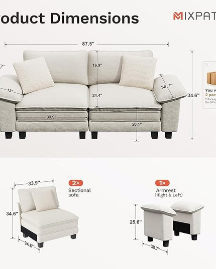 87" Cloud Modular Sectional Loveseat, 2-Seater w/Deep Seat & Removable Arms, Plush Chenille for Small Living Room & Apartment - Beige