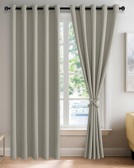 JIUZHEN Silver Grey Blackout Curtains with Tiebacks Thermal Insulated, Light Blocking and Noise Reducing Grommet Curtains for and Living Room, Set of 2 Window Curtain Panels, 60 x 84 Inch Length
