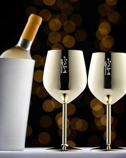 Gusto Nostro Stainless Steel Wine Glass - 18 oz Unbreakable Gold Wine Glasses for Travel, Camping and Pool - Fancy, Unique and Cute Portable Metal Wine Glass for Outdoor Events, Picnics (Set of 2)