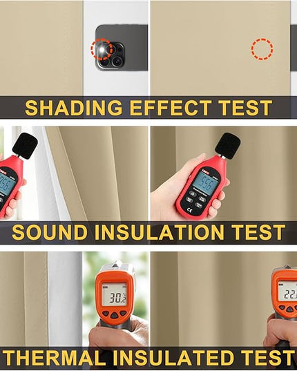 Yakamok 100% Blackout Curtain Panels 63 inches Cold and Light Blocking Drapes for Nursery, 2 Thick Layers Thermal Insulated Draperies (2 Pieces, 50 Wide Each Panel, Beige Front with White Backing)