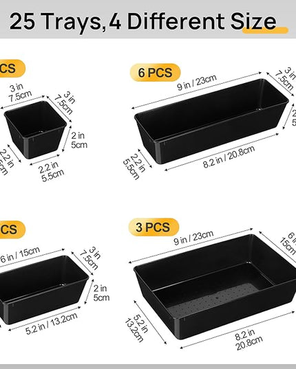 Vtopmart 25 PCS Office Desk Drawer Organizers Set, 4-Size Versatile Plastic Drawer Organizer Trays, Storage Bins for Desk Accessories Office Organizers and Storage, Bathroom, Makeup, Vanity, Black