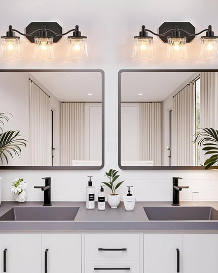 Bathroom Vanity Light Fixtures, 4-Light Vintage Matte Black Vanity Lights with Crystal Glass Shades, Farmhouse Bathroom Lighting Fixtures Over Mirror for Bathroom Bedroom Hallway