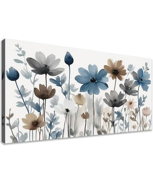 KZKU Flowers Canvas Wall Art - Floral Pictures for Wall Decor Indigo Brown Grey Canvas Prints Nature Printing Artwork for Living Room Bedroom Home Office Wall Decoration 20" x 40"