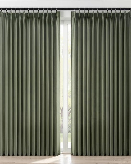Topfinel Olive Green Pinch Pleated Linen Curtains 84 Inch Length 2 Panels for Bedroom Living Room Textured Semi Sheer Window Curtain Boho Neutral Back Tab Pinch Pleat Drape with Hooks 84 Inches Long