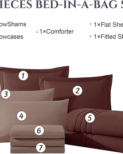 Monbix King Size Comforter Set - 7 Pieces Bed in a Bag King, Dark Red Bedding Sets with Comforter, All Seasons Down Alternative Comforter Bed Set with Sheets, Pillowcases & Shams