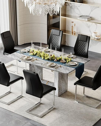 Dinner Table Set for 6, 7 Piece Dining Table Set with Chairs, 63" Faux Marble Modern Table with 6 PU Leather Upholstered Chairs, for Kitchen & Dining Room
