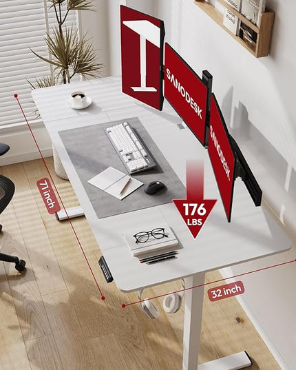 SANODESK Electric Standing Desk 71x32 Inch Height Adjustable Stand Up Desk Home Office Computer Workstation Sit Stand Home Office Desk with Splice Board (White Frame + White Top)