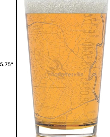 Well Told Engraved Charlottesville Virginia Map Pint Glass Etched Beer Glass Gift (16 oz, Clear) City Map Pint Glass, Custom Beer Glass, Gifts for Beer Lovers
