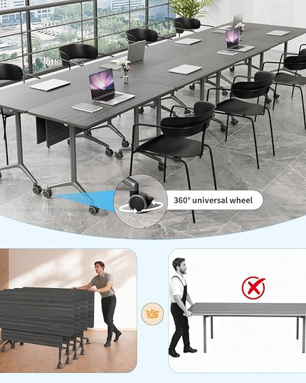 Conference Table, Folding Conference Room Tables on Wheels, Modern Meeting Seminar Table Computer Desk, Boardroom Desk for Office Meeting Conference Room,White (2, 1915D, 70.8)