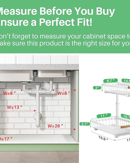 Under Sink Organizer, 2 Packs 2 Tier Under Sink Organizers and Storage, Slide out Pull out Cabinet Organizer Shelf, Metal Sliding Drawer for Kitchen Bathroom Pantry Closet Rack(White)