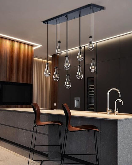 Raindrop 9-Light Chandelier for Dining Room, Black Rectangular Teardrop Pendant Lights with Hand-Blown Glass, Adjustable 138" Ropes, Light Fixture Over Table, Kitchen Island, Entryway, Foyer