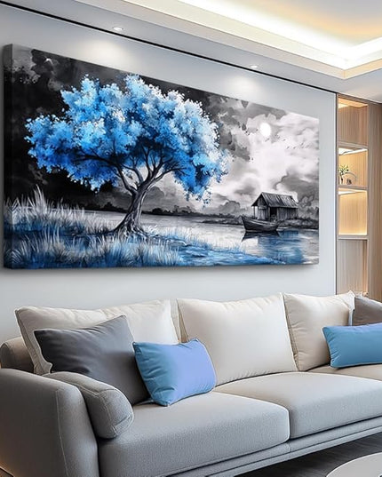PHAOHUAXM Large Wall Art For Living Room Blue Wall Decor For Bedroom Black White And Blue Trees Wall Pictures Restaurant Office Frame Printing Canvas Large Artwork Modern Home Decoration 30x60 in