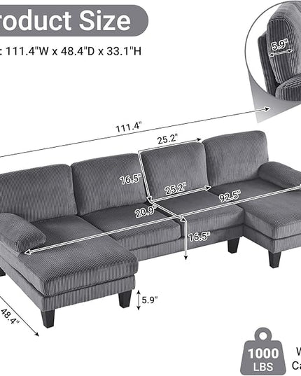VINGLI 110" Sectional Couches for Living Room,U Shaped Couch with Double Chaise, 4-Seat Sofa Set with Corduroy Fabric for Home Furniture,Grey