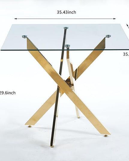Glass Dining Table Set for 4, Square 36" Dining Table with Gold Cross Metal Leg, 4 Beige Velvet Dining Chairs with Stainless Steel Legs, Modern Glass Kitchen Table and Chairs Set for Small Space