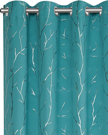 BUHUA White Black Out Curtains 84 Inch Long 2 Panels, Soundproof Curtains with Elegant Silver Tree Branches Print, Heat Blocking Curtains for Livingroom, 52W x 84L, Teal Blue