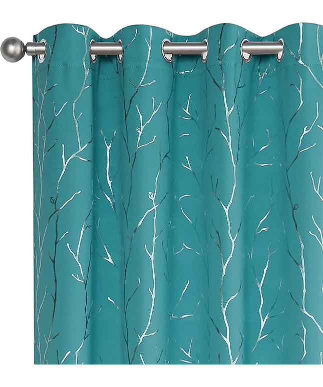 BUHUA White Black Out Curtains 72 Inch Long 2 Panels, Soundproof Curtains with Elegant Silver Tree Branches Print, Heat Blocking Curtains for Livingroom, 52W x 72L, Teal Blue
