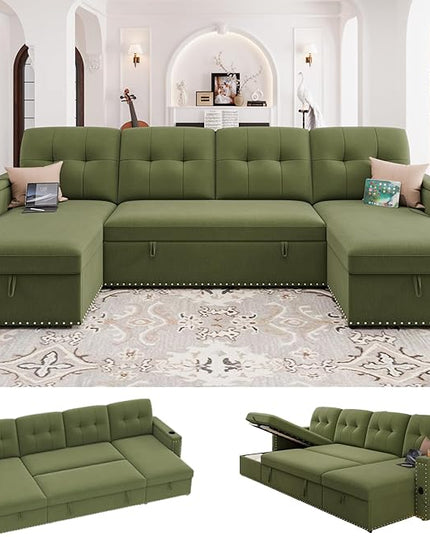 HIFIT 106" Sectional Couches for Living Room- Pull Out Sleeper Sofa Couch w/Storage Chaise,Storage Armrest,LED Light&USB Port&Cupholder,Modern Velvet U Shaped Home Sofa Living Room Furniture Set,Green