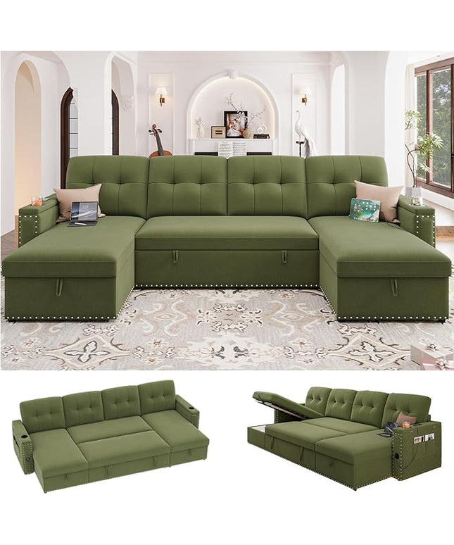 HIFIT 106" Sectional Couches for Living Room- Pull Out Sleeper Sofa Couch w/Storage Chaise,Storage Armrest,LED Light&USB Port&Cupholder,Modern Velvet U Shaped Home Sofa Living Room Furniture Set,Green